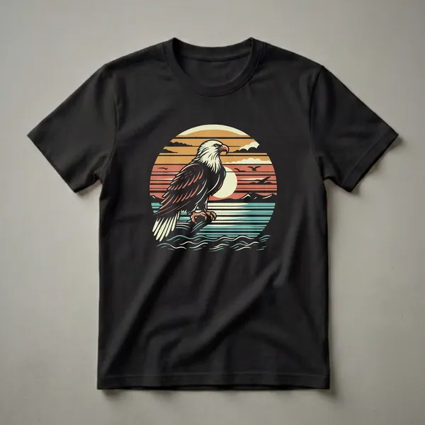 Black t-shirt with a retro graphic design of a bald eagle perched on a branch against a sunset with stylized mountains, water, and birds in flight.