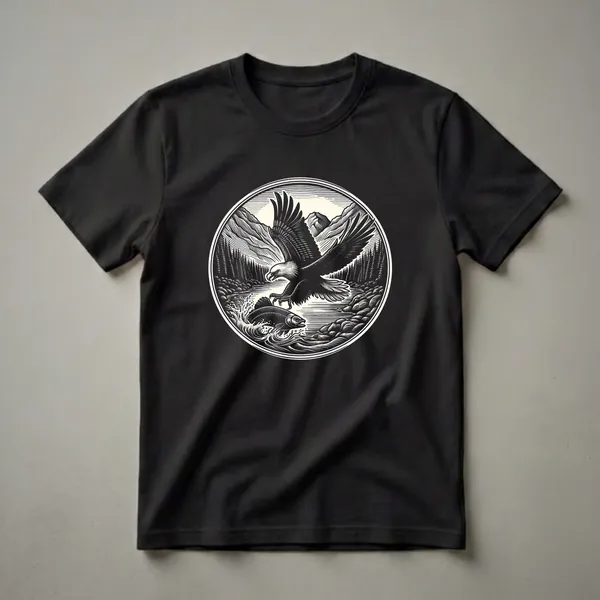 Black and cream graphic t-shirt featuring a bald eagle in flight, talons extended towards a leaping fish in a river, with a forest and mountain landscape in the background, linocut style.