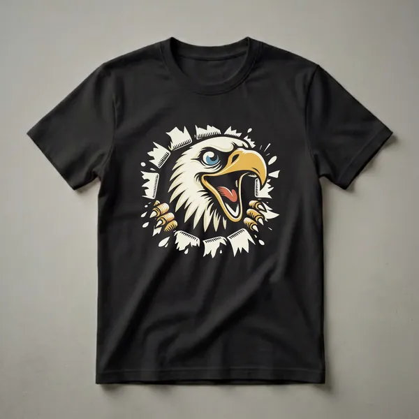 Black t-shirt featuring a funny bald eagle head with wide blue eyes and an open beak, bursting through a torn background with sharp talons extended.
