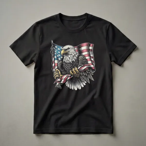 Black t-shirt with a detailed full-color bald eagle gripping a waving American flag pole with both talons, wings partially spread, facing left with an intense gaze.