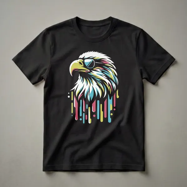 Black t-shirt featuring a geometric bald eagle head wearing sunglasses, with colorful teal, magenta, and yellow dripping elements below.