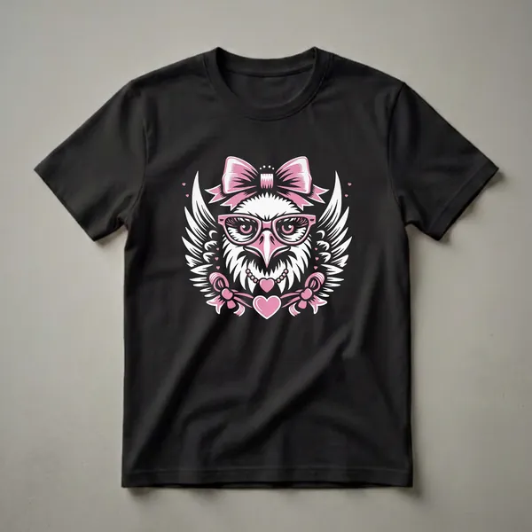 White graphic t-shirt featuring a stylized bald eagle wearing pink glasses and a pink bow, with pink hearts and wings against a black background.
