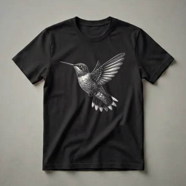 Black and white vintage engraving style graphic of a hummingbird with wings spread, shown in flight against a solid black background.