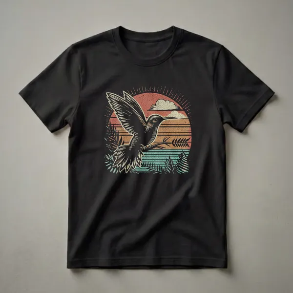 Black silhouette of a hummingbird in flight against a retro sunset with coral, orange, and yellow stripes, textured clouds, and palm fronds. The shirt is on a black background.