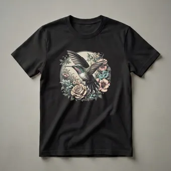 Vintage Hummingbird and Floral Art Graphic T-Shirt for Nature Lovers