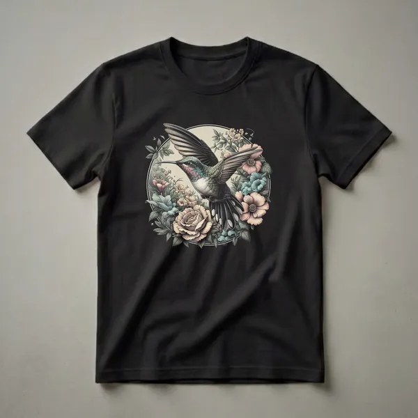 Black t-shirt featuring a vintage-style illustration of a hummingbird in flight, surrounded by a circular arrangement of detailed flowers and leaves in muted colors.