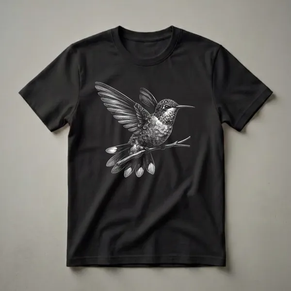 Black and white engraving graphic t-shirt featuring a hummingbird with spread wings perched on a branch, set against a black background.