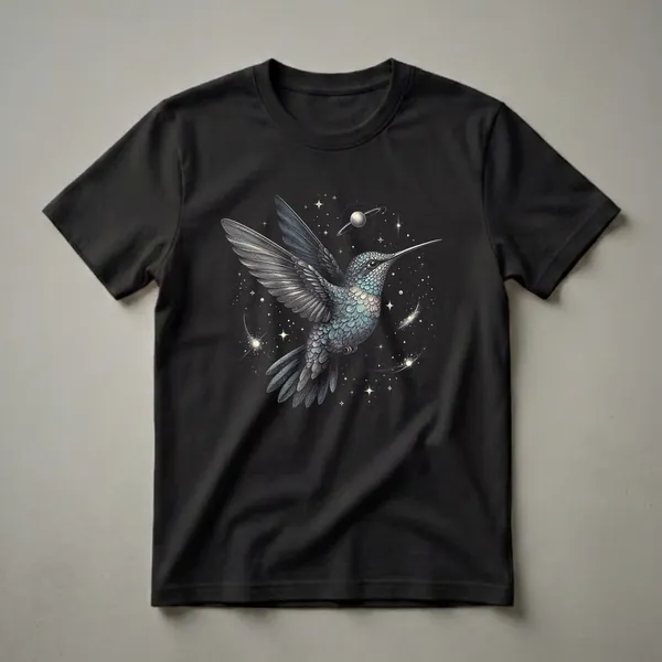 Black t-shirt featuring a detailed illustration of a teal and silver hummingbird in flight against a dark background filled with stars, nebulae, and a ringed planet.