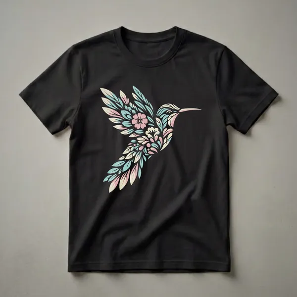 Black t-shirt featuring a stylized hummingbird composed of pastel pink, blue, and cream floral and leaf elements.