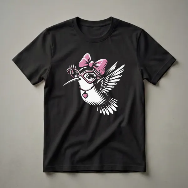 Black t-shirt featuring a white and pink graphic of a hummingbird wearing a pink bow, pink heart-shaped glasses, and a pink heart pendant necklace.