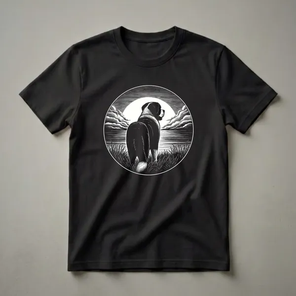 Black and white graphic t-shirt featuring a Saint Bernard dog in a nature scene with a moon and clouds, rendered in a woodcut style.