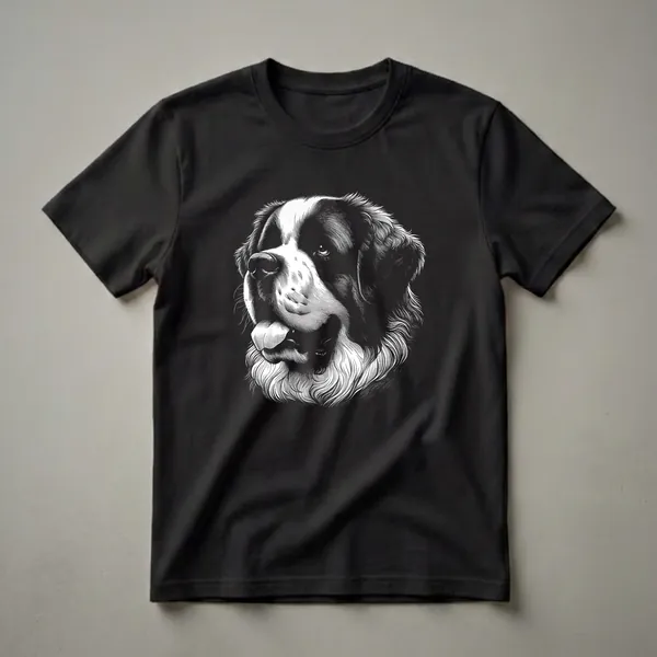 Black and white scratchboard art t-shirt featuring the head of a Saint Bernard dog with its tongue slightly out and a thick mane.