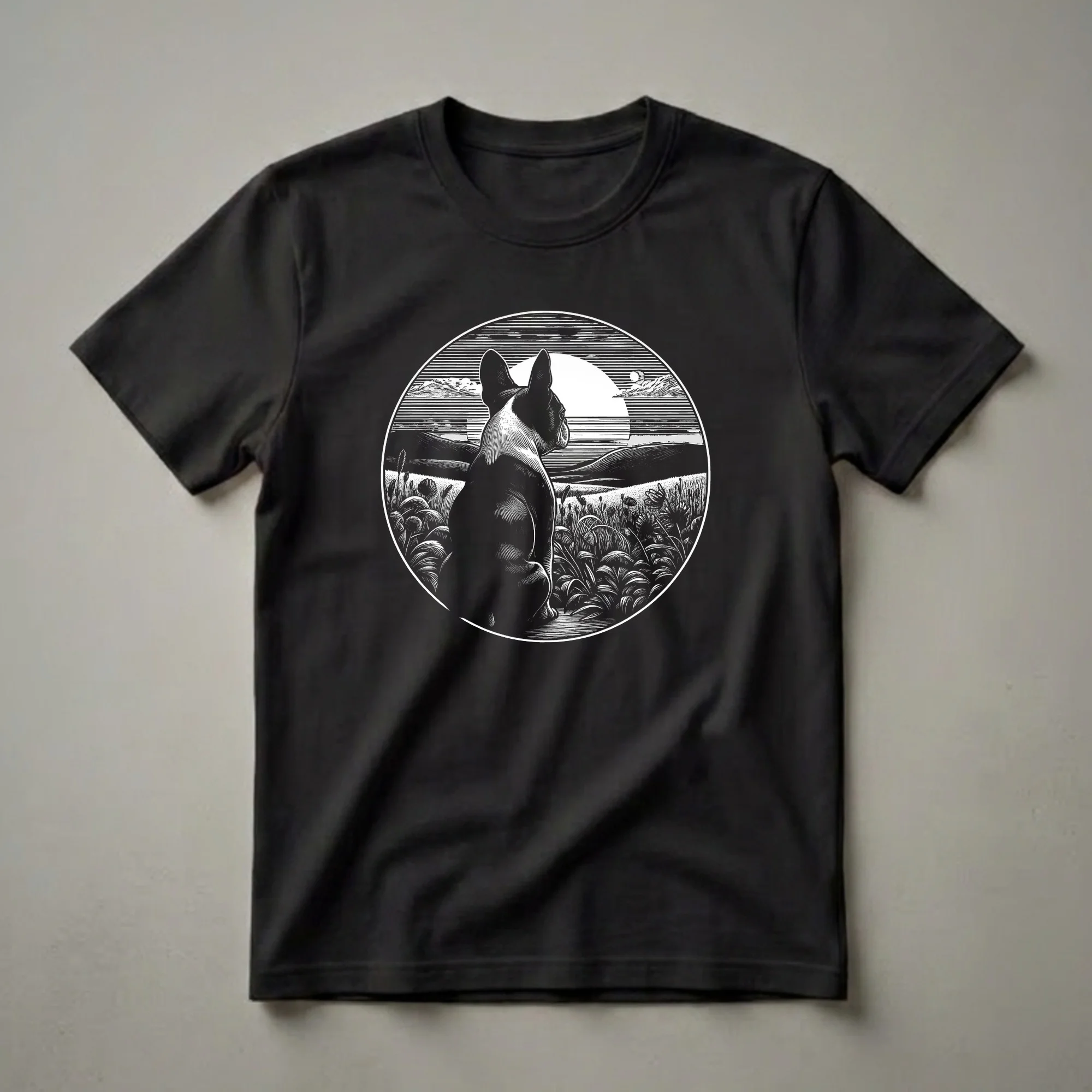 Black and white graphic t-shirt featuring a Boston Terrier dog sitting in a field of flowers and grass, looking at a stylized moon and landscape.
