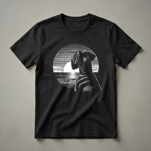 Black and white graphic t-shirt featuring a Great Dane looking at a sunset over the ocean, rendered in a woodcut style.