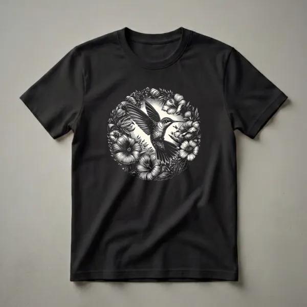 Sketch-style graphic t-shirt featuring a black and white illustration of a hummingbird in flight surrounded by hibiscus flowers and leaves.