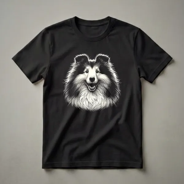 Black and white graphic art t-shirt featuring the smiling face of a Shetland Sheepdog with a fluffy mane and alert eyes.