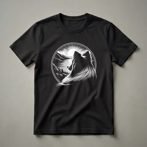 Black graphic t-shirt featuring the silhouette of a Shetland Sheepdog looking out at a scenic lake and mountain landscape at sunrise, enclosed in a circular frame.
