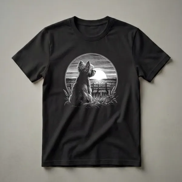 Black and white graphic t-shirt featuring a vintage illustration of a Yorkshire Terrier sitting in a grassy field looking at a sunset.