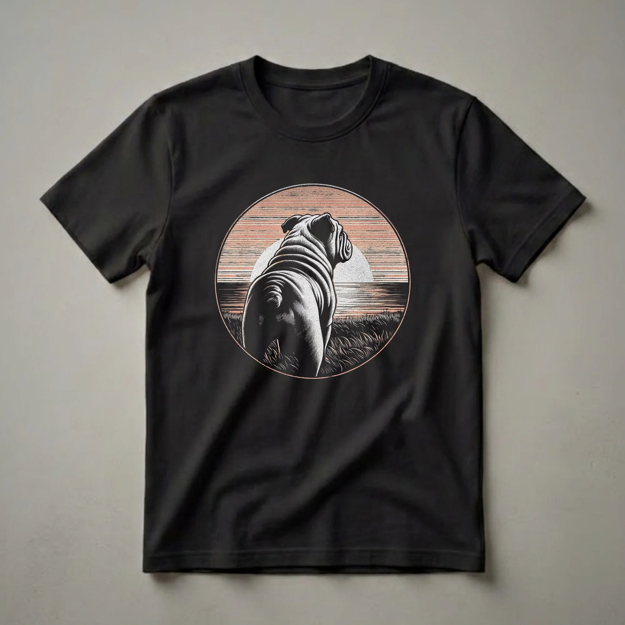 Black t-shirt featuring a retro graphic design of an English Bulldog facing away, set against a circular sunset with a grassy field and a distressed, vintage aesthetic.