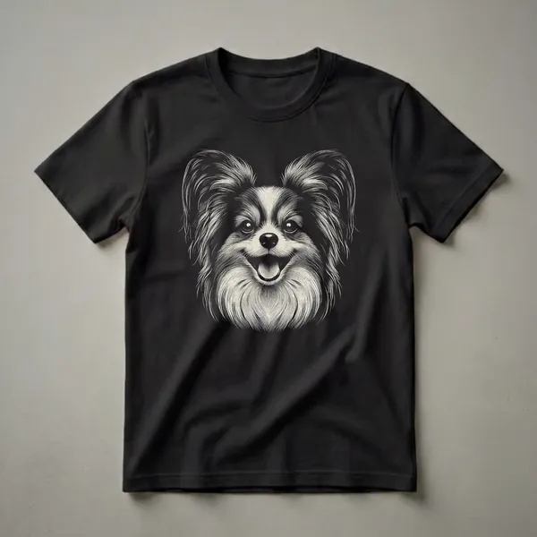 Black and white Papillon dog face graphic t-shirt with a vintage scratchboard art style, featuring large ears and a happy expression.