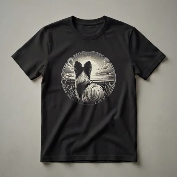 Black t-shirt featuring a vintage-style graphic art design of a Papillon dog's back and tail, looking out over a rural landscape with a fence and wheat fields under a sunburst sky.