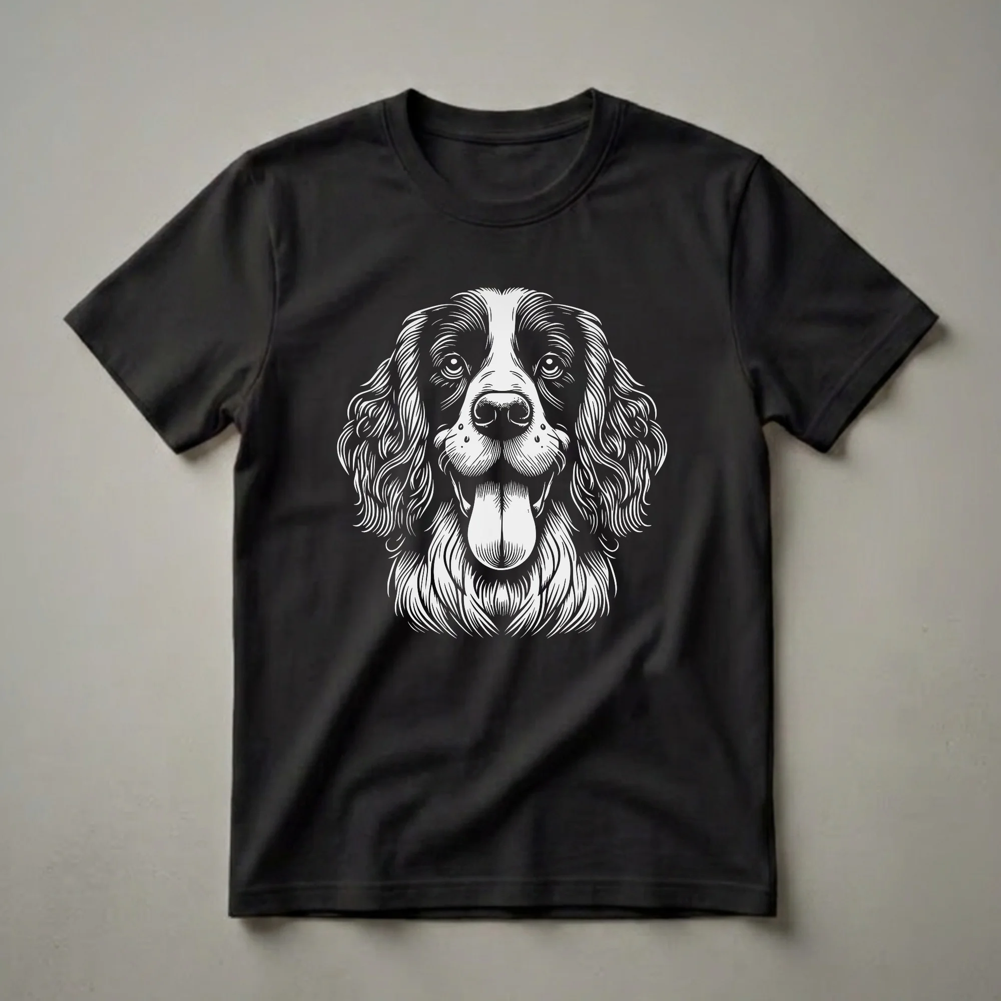 Black and white line art graphic of an English Springer Spaniel's face, showing its eyes, nose, and tongue, on a black t-shirt.