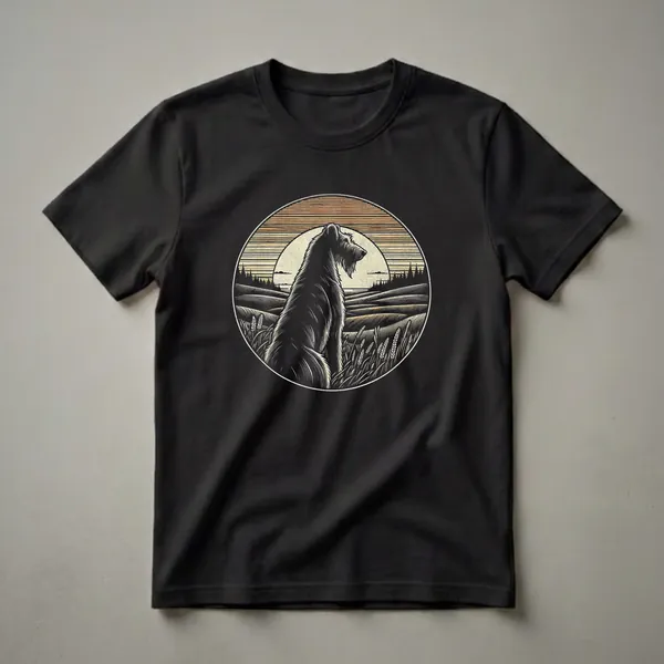 Black graphic t-shirt featuring a vintage linocut illustration of an Irish Wolfhound sitting in a wheat field during a sunset.