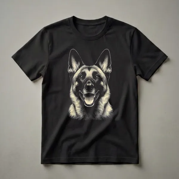 Black and cream line art graphic t-shirt featuring the head of a Belgian Malinois dog with its mouth open and tongue out, set against a black background.