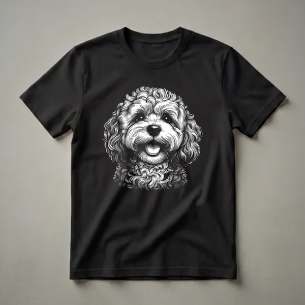 Black and white line art graphic t-shirt featuring the head of a Cavapoo dog with its tongue out, set against a black background.
