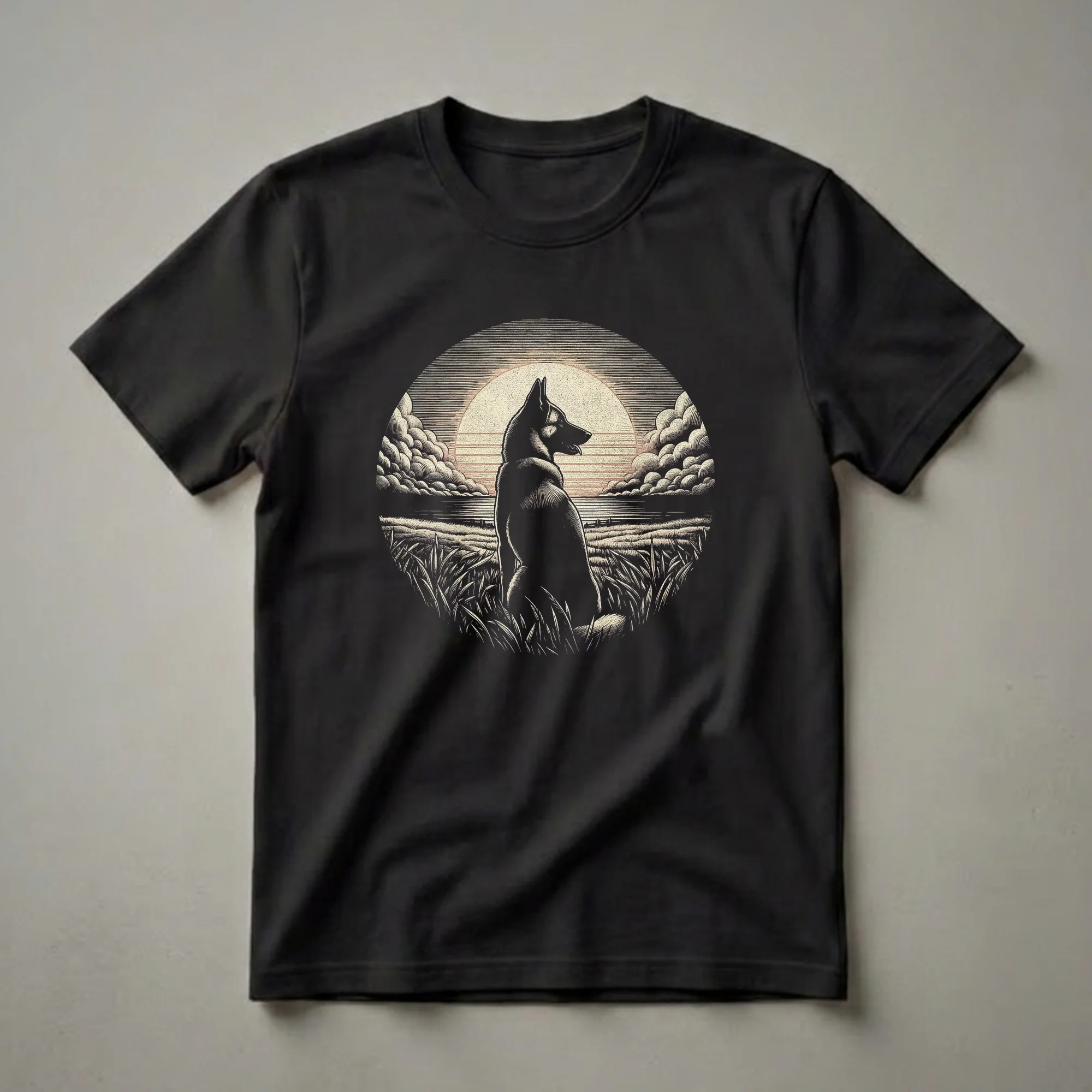 Black graphic t-shirt featuring a vintage-style illustration of a Belgian Malinois dog sitting in a grassy field at sunset with stylized clouds and a serene water horizon.