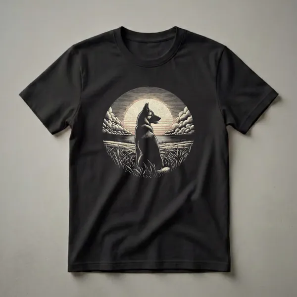 Black graphic t-shirt featuring a vintage-style illustration of a Belgian Malinois dog sitting in a grassy field at sunset with stylized clouds and a serene water horizon.