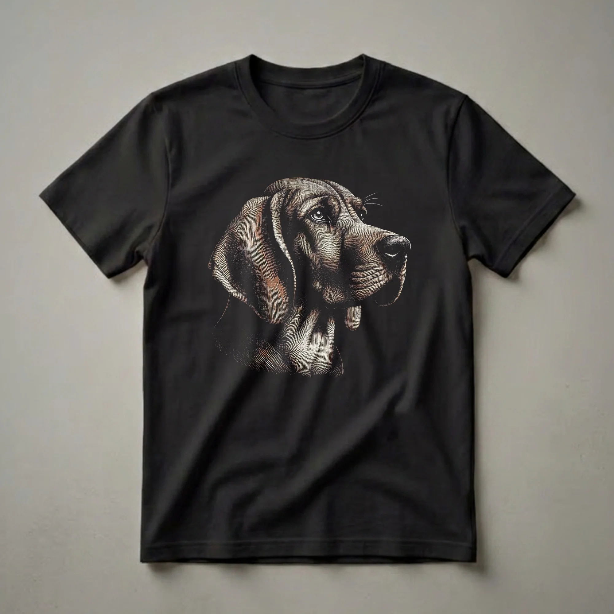 Black t-shirt featuring a vintage-style, detailed illustration of a Redbone Coonhound's head in profile, rendered in shades of brown and tan.