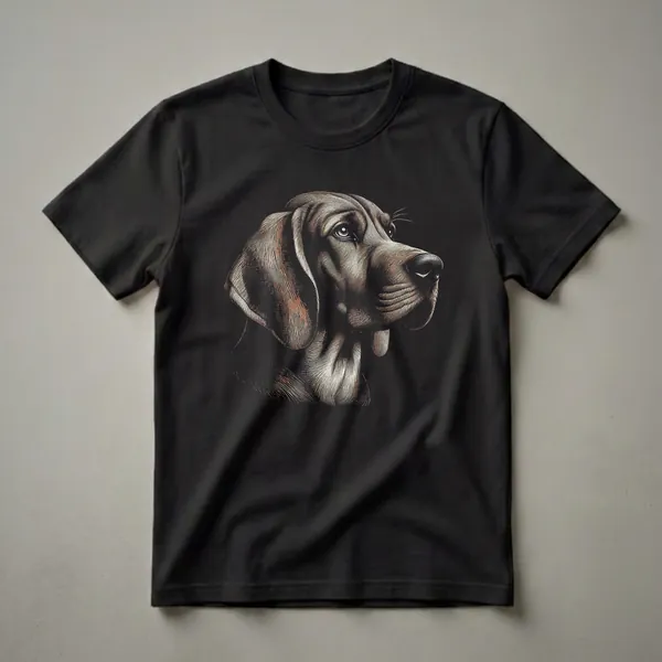 Black t-shirt featuring a vintage-style, detailed illustration of a Redbone Coonhound's head in profile, rendered in shades of brown and tan.