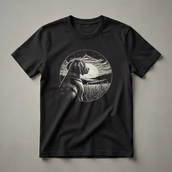 Black graphic t-shirt featuring a vintage illustration of a Coonhound dog looking at a moonlit landscape with wheat fields and silhouetted trees.