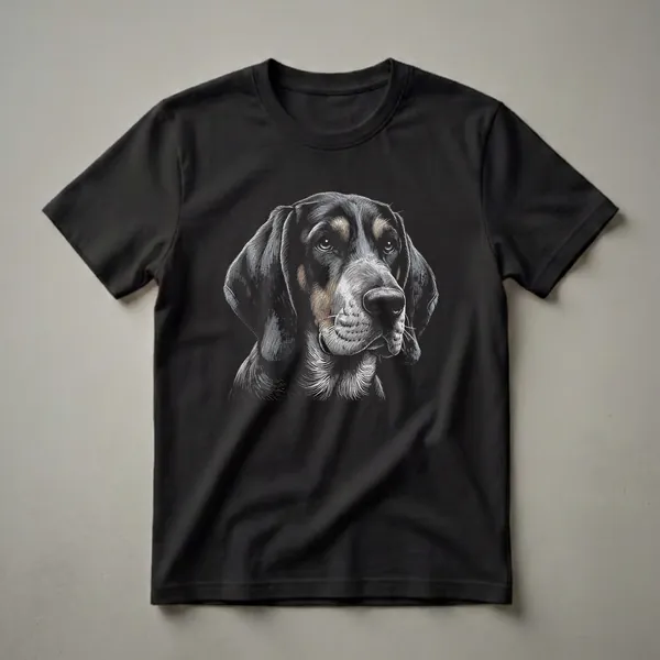 Black t-shirt featuring a scratchboard art portrait of a Bluetick Coonhound's face, showcasing its detailed fur texture and expressive eyes.