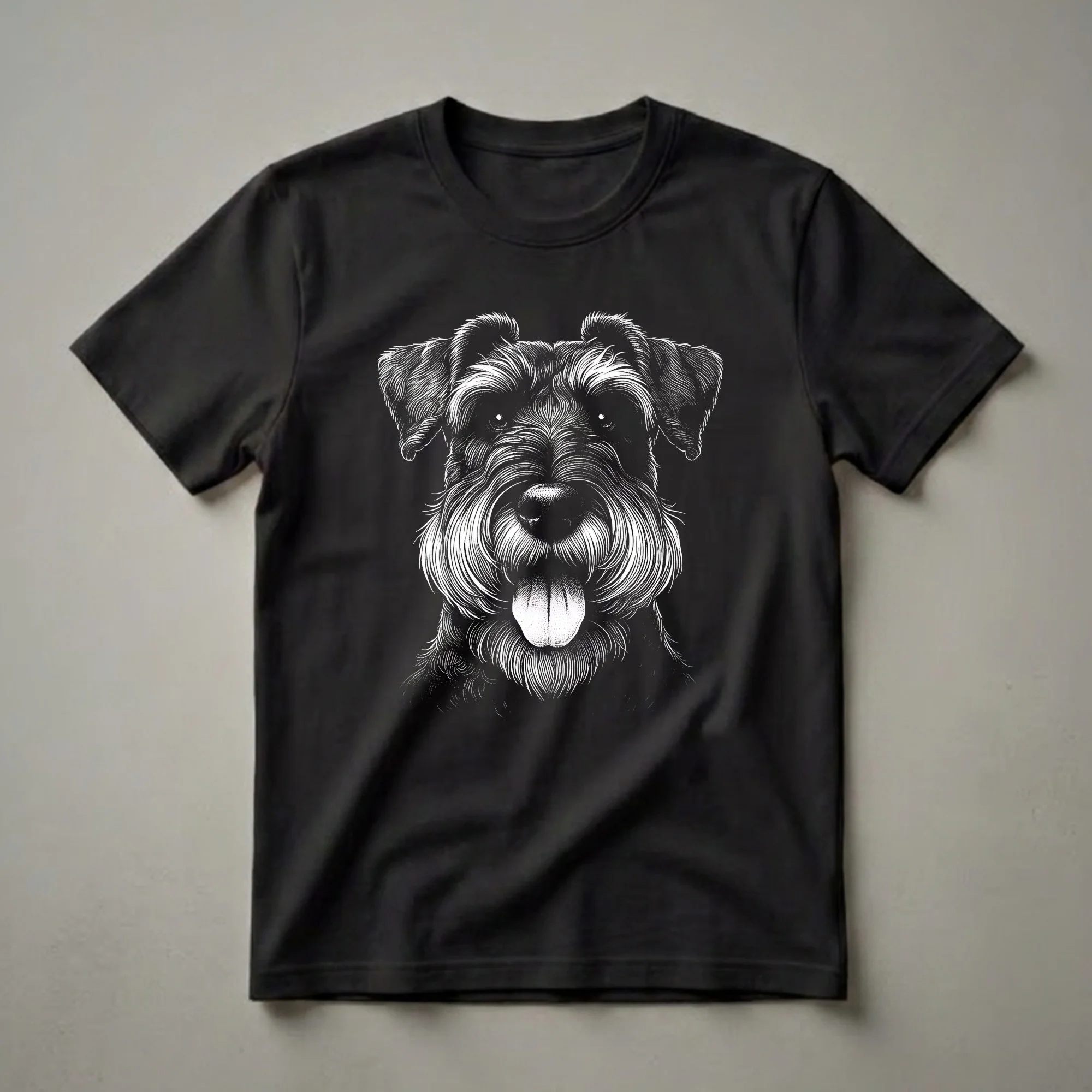 Black and white scratchboard art t-shirt featuring the face of a Schnauzer dog with its tongue sticking out, against a black background.