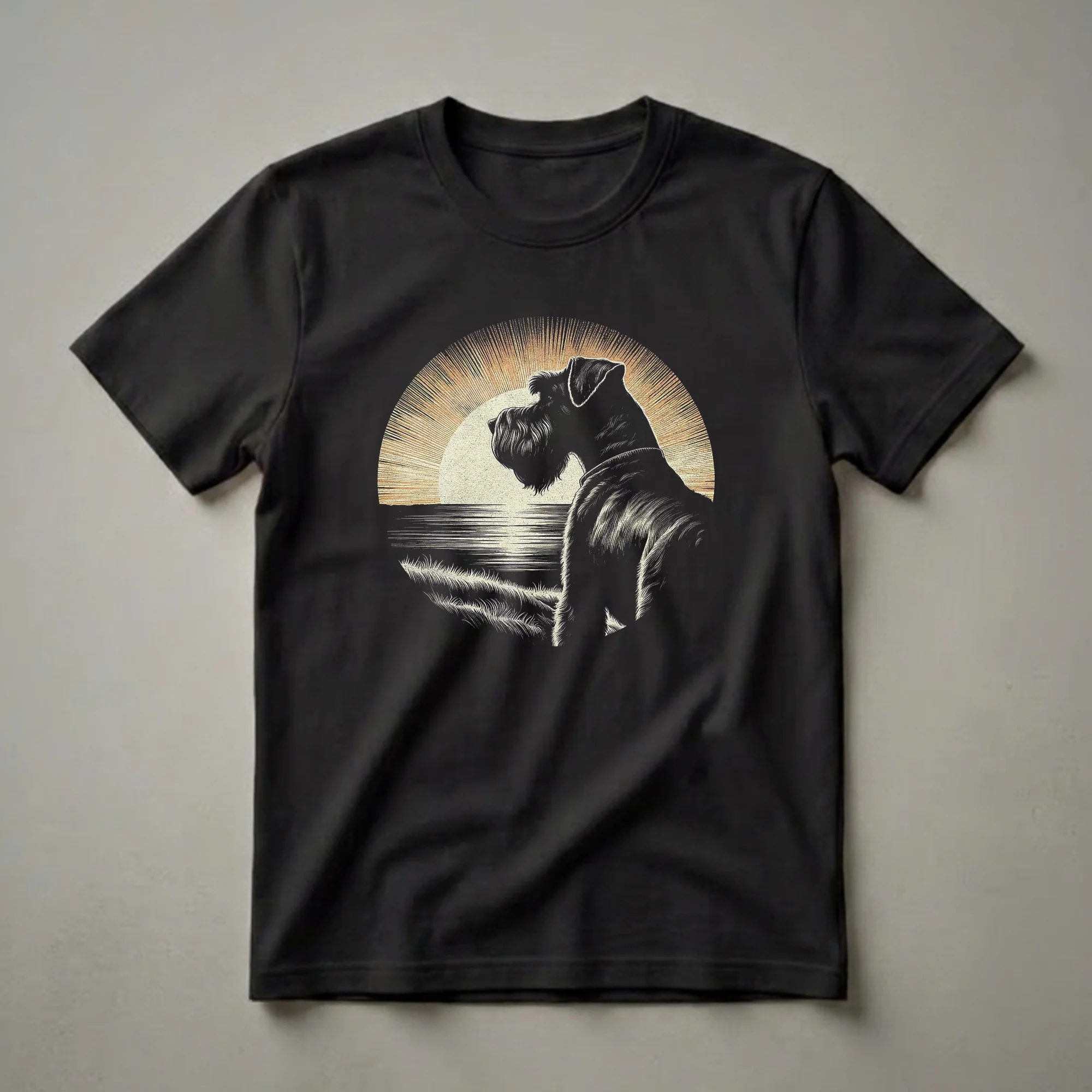 Black silhouette of a Giant Schnauzer dog looking to the left, set against a circular, textured, vintage sunburst design with stylized water and grass.