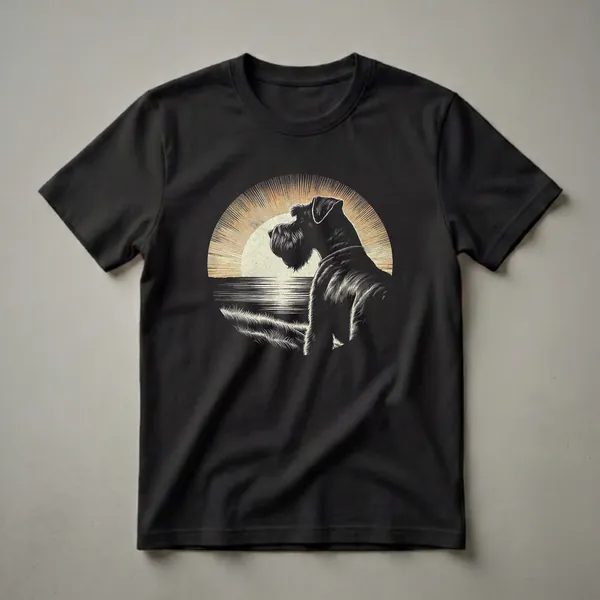 Black silhouette of a Giant Schnauzer dog looking to the left, set against a circular, textured, vintage sunburst design with stylized water and grass.