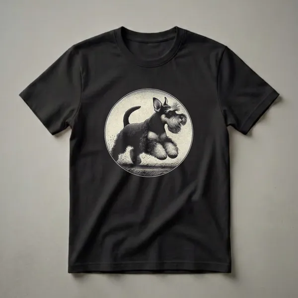 Black and white graphic t-shirt featuring a Miniature Schnauzer dog running through grass within a circular frame, with a textured background.