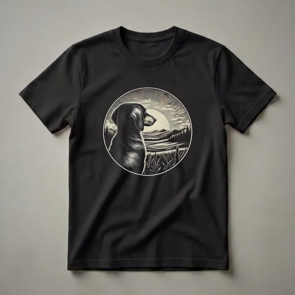 Black and white retro graphic t-shirt featuring a dachshund in profile looking at a sunset landscape with rolling hills, pine trees, and wheat in the foreground, all within a circular frame.