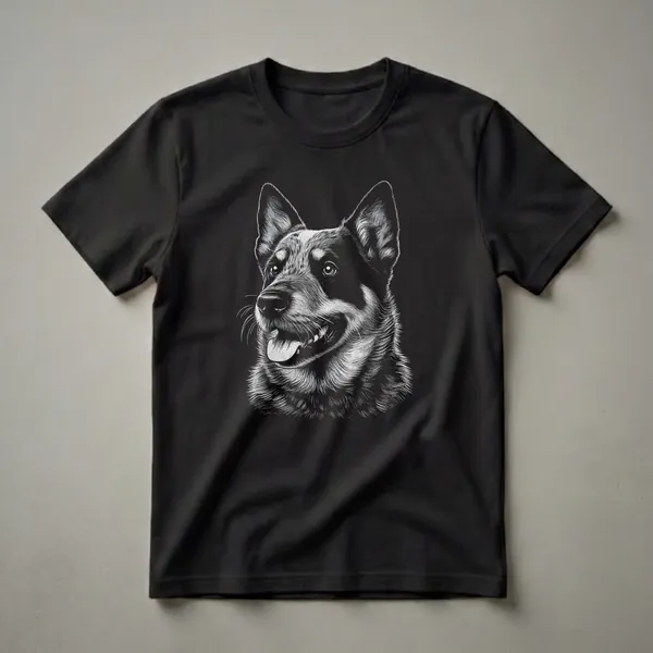 Black and white scratchboard art t-shirt featuring the head of an Australian Cattle Dog (Blue Heeler) with its tongue slightly out and ears perked.