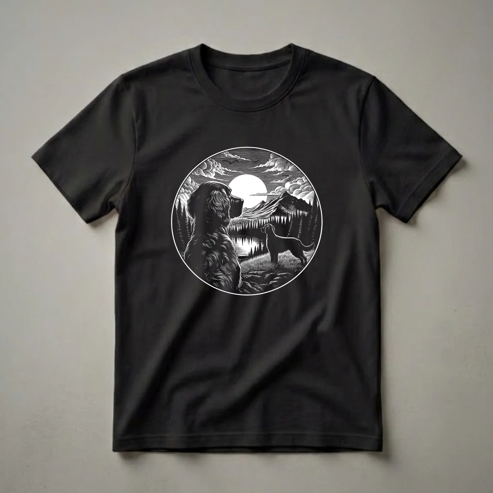 Black and white graphic t-shirt featuring two Irish Setters in a vintage linocut style, overlooking a mountain lake scene with a large moon or sun.