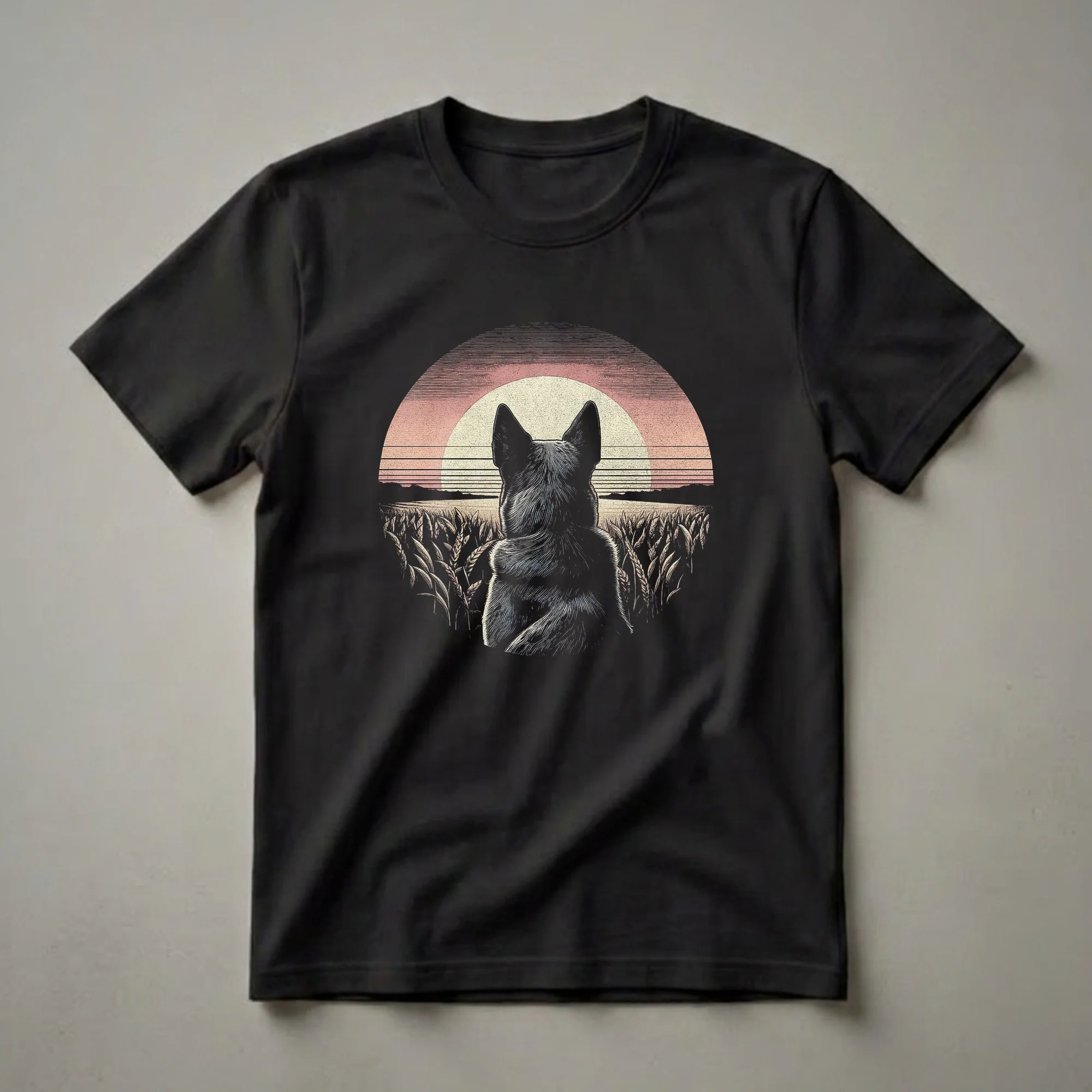 Black graphic t-shirt featuring the back of an Australian Cattle Dog's head and shoulders, looking out over a wheat field towards a circular, striped sunset in a vintage art style.