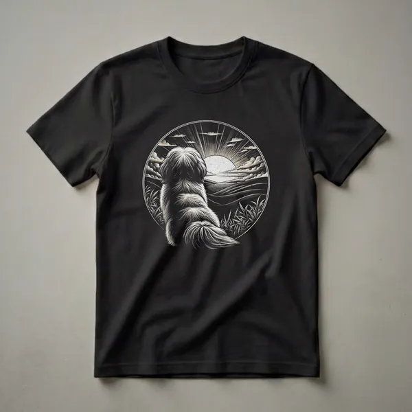 Black t-shirt featuring a vintage linocut-style graphic of a Shih Tzu dog looking at a sunset over rolling hills, enclosed in a circular frame.