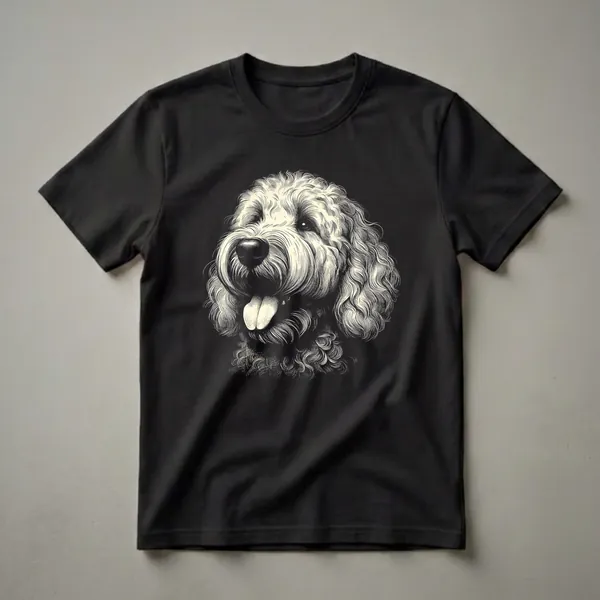 A black t-shirt featuring a cream-colored scratchboard illustration of a Labradoodle face with its tongue sticking out.