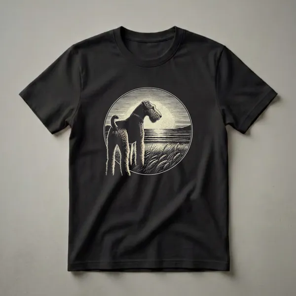 Black t-shirt featuring a vintage-style graphic of an Airedale Terrier standing in grass by the water with a large sun or moon in the background, enclosed in a circle.