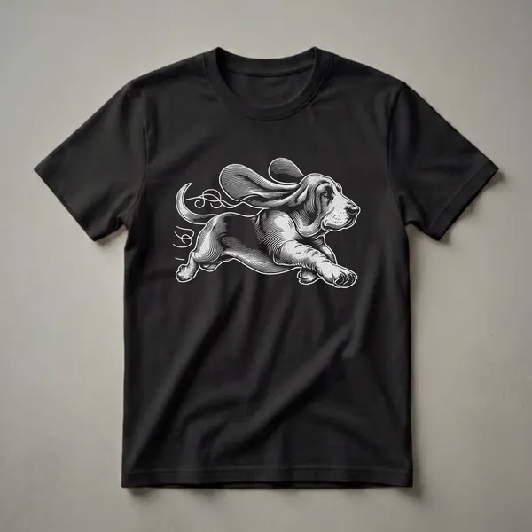 Black t-shirt with a white line art illustration of a Basset Hound running, its long ears and tail flowing dynamically.