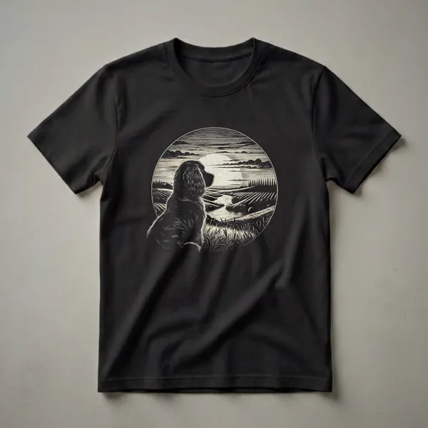 Black t-shirt featuring a vintage-style illustration of a Boykin Spaniel dog looking at a retro sunset scene with fields and a river, rendered in a woodcut aesthetic.