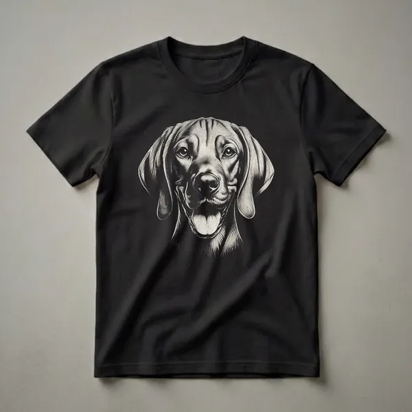 Black and white Vizsla dog face art t-shirt with detailed scratchboard illustration, tongue out, on a black background.