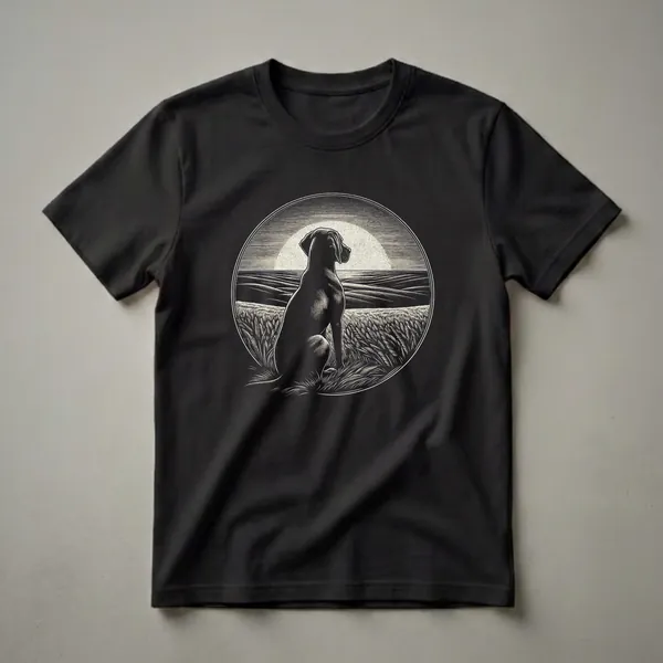 Black Vizsla dog sitting in a wheat field with a retro sunset design inside a circular frame, printed on a black t-shirt.